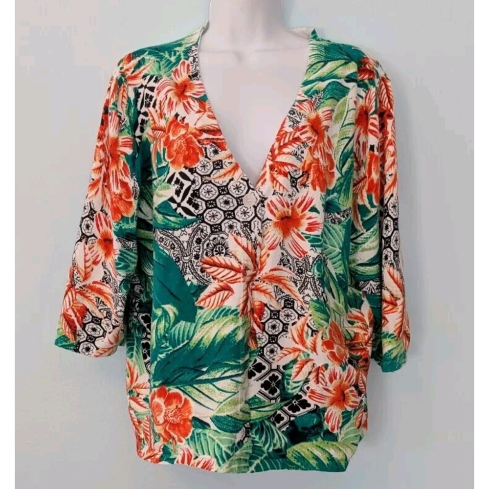 CJ Banks One Button Cardigan Women's 1X Cotton 3/4 Sleeves Green Orange V-neck